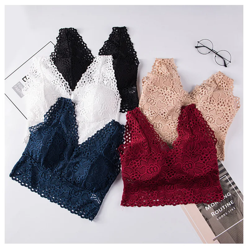 New Design Deep V Free Size Padded Full Lace Bralette Crop Top Encaje