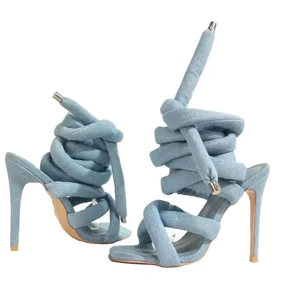 Summer New Fashion Runway Women's Sandals with Thick Straps Exposed Toes Ankle Strap Design Slim Heels Women's Denim High Heels