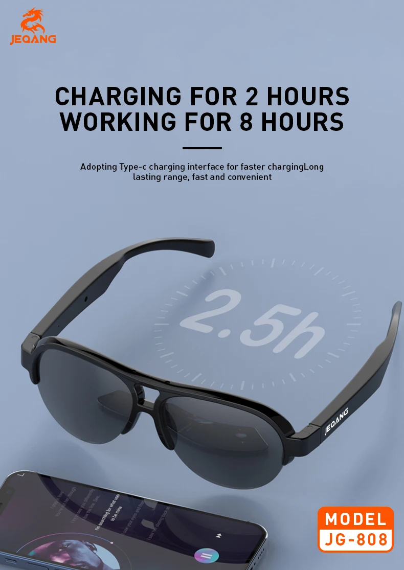 Jeqang-808 Smart Glasses New Release Intelligent Audio Harmful Light Blocking Clearer Field View IPX4 Waterproof Clearer Field