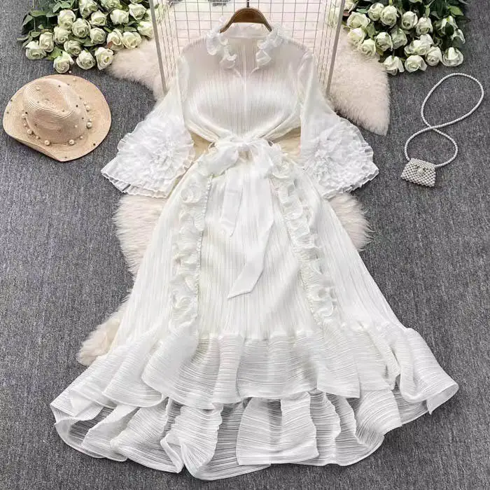 Miyake New Style Export Pleated Hand-Cranked Flower Trim Fashion Plus Size Long Dress Abaya Women Dress