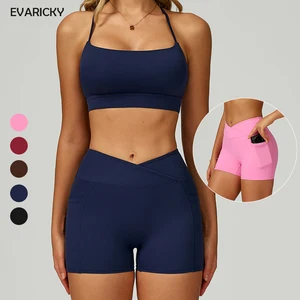 Women's Solid High Waist Running Biker Shorts & Yoga Crop Top 2-Piece Sports Set Quick Dry Breathable Gym Fitness Workout