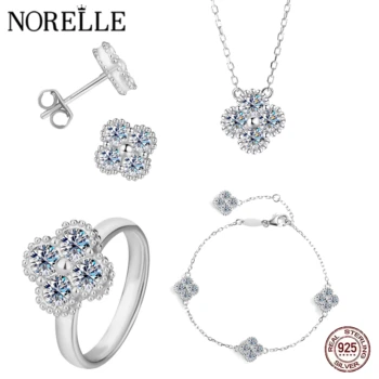 NORELLE Luxury Fine Jewelry Moissanite Sets for Women Wedding Four Leaf Clover Ring Earring Necklace for Ladies Engagement Sets