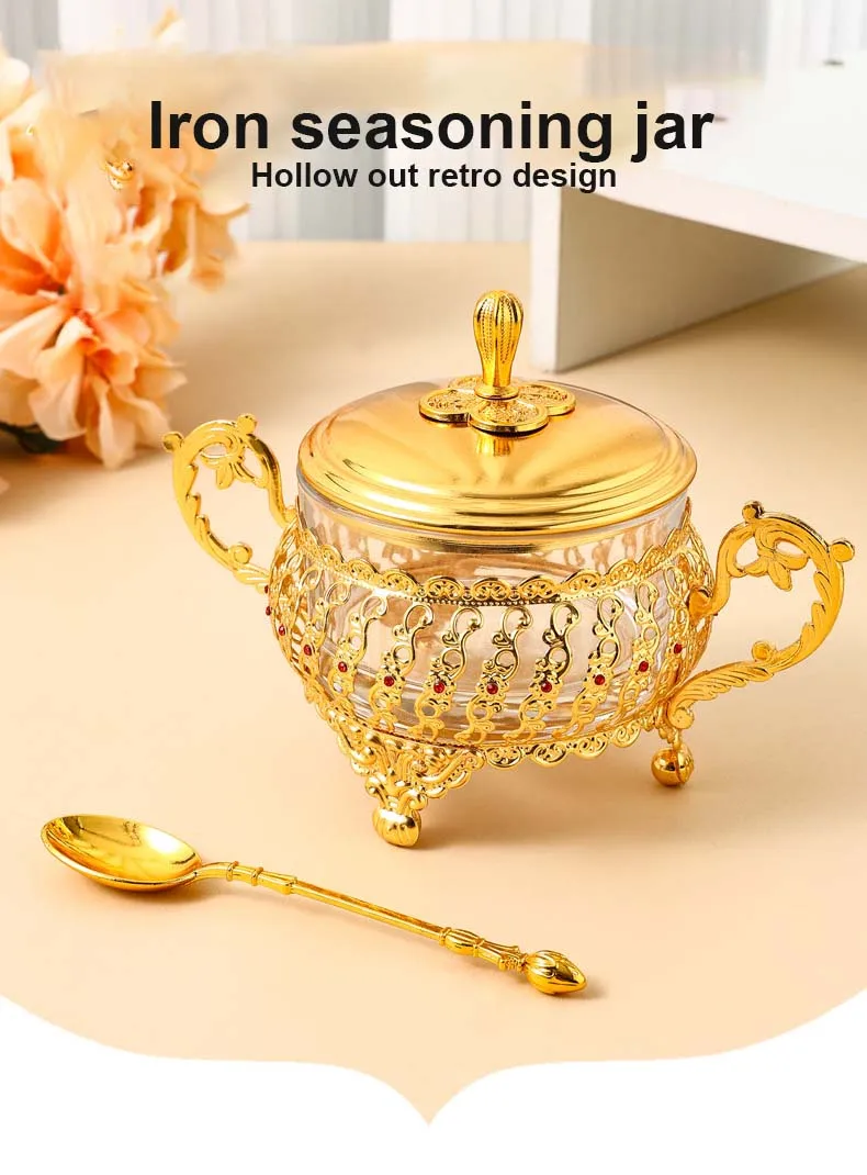 Handmade BPA FREE Gold Seasoning Jar Set with Spoon Hot Sale Cover Condiments Container Candy and Spice Jar with Lid