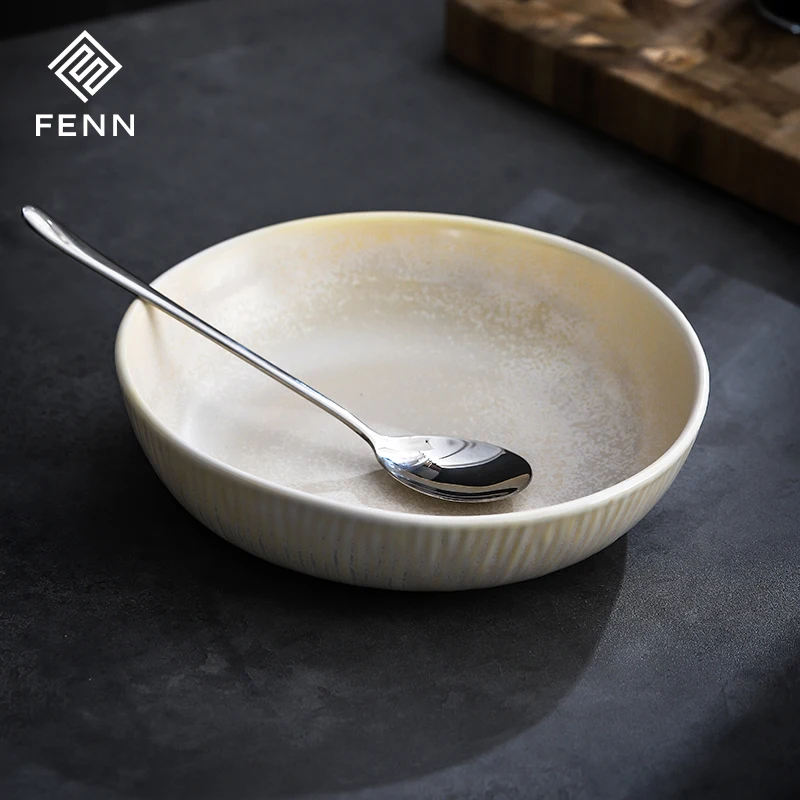 FENN Luxury Ceramic Tableware Vintage Design Yellow Color Glazed Customizable Restaurant Soup Plate Dish Porcelain Deep Plate