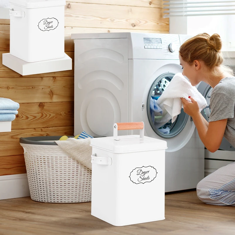 Different Sizes Metal Sealing Square Laundry Lint Bin White Metal Storage Bucket Galvanized Iron with Wood Lid