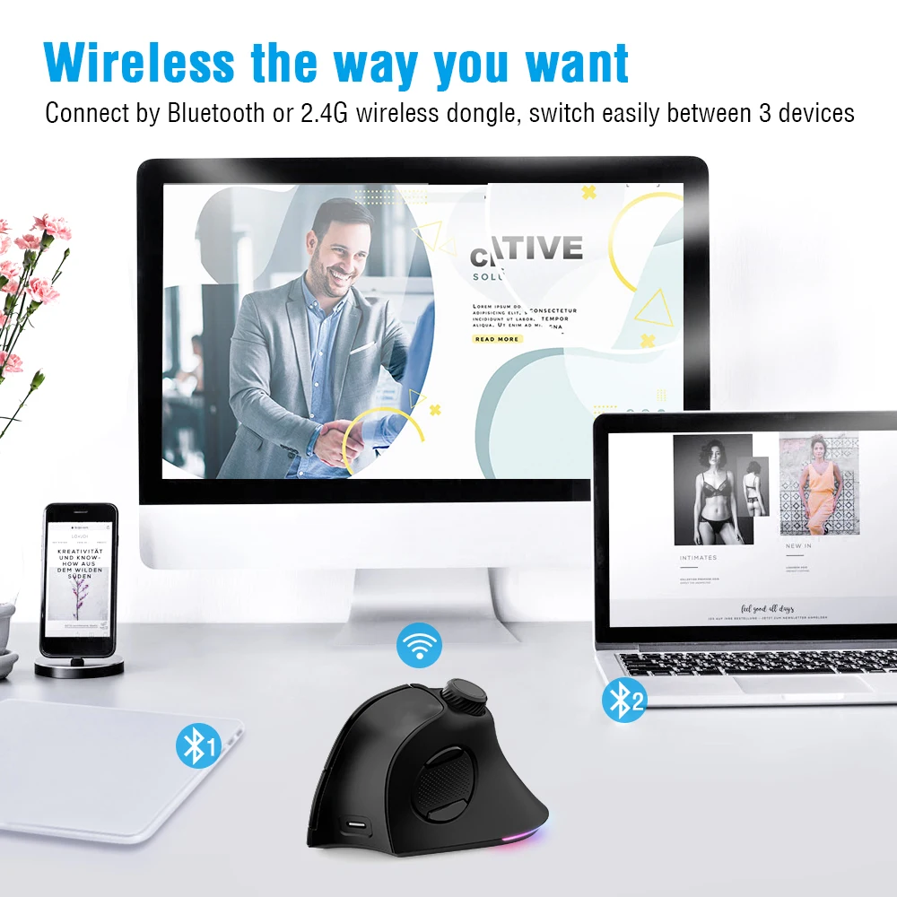 ماوس عمودي مريح قابل لإعادة الشحن عبر منفذ USB، بإضاءة خلفية RGB، 3 أزرار، دقة 1200 نقطة في البوصة، يدعم ثلاثة أوضاع، لاسلكي 2.4 جيجا هرتز، بلوتوث 1 وبلوتوث 2، مناسب لأجهزة الكمبيوتر المحمولة والمكتبية