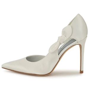 Luxury Factory Direct Women White Satin Pumps Bow Pointed Toe High Heel Cute Style Custom Logo Wedding Gala Wholesale