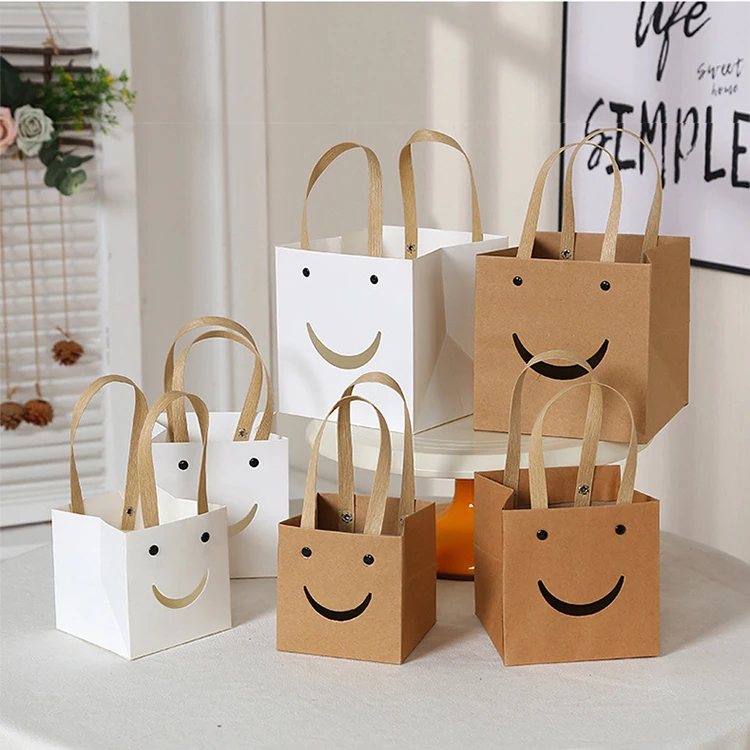 Brown Bags with Handles | Lipack Wholesale Custom Smiling Face Square Bottom Brown White Kraft Craft Paper Shopping Gift Packaging Bags With Flat Handle
