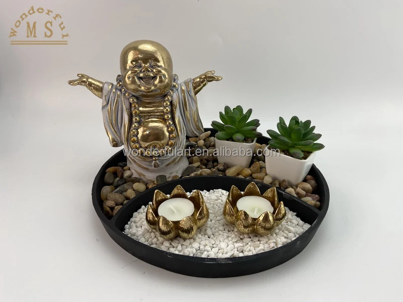 Gold resin zen tealight holder laughing buddha figurine ceramic sand garden box kit religious home decoration office desktop