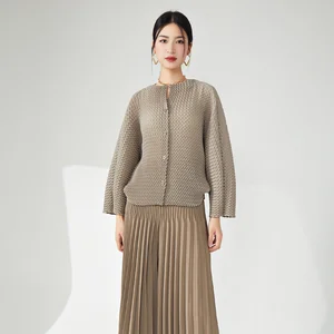 Miyake Women's High Quality Summer Jacket Casual Loose Fit Woven Fabric Cardigan Shirt Free Size Stretch Printed Pleated Top