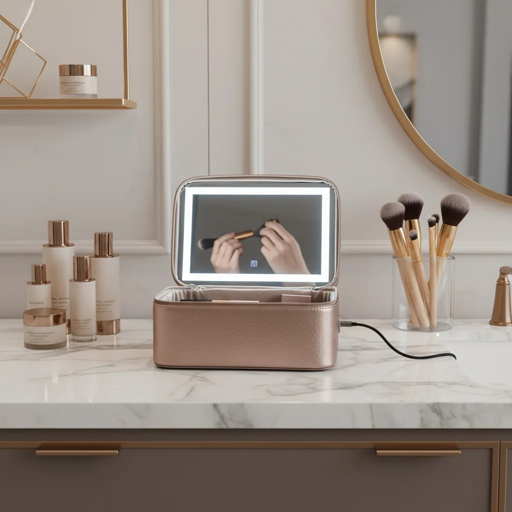 Smart PU Leather Cosmetic Bag with LED Mirror for Travel Makeup Touch up 4 Smart PU Leather Cosmetic Bag with LED Mirror for Travel Makeup Touch up - Image 4