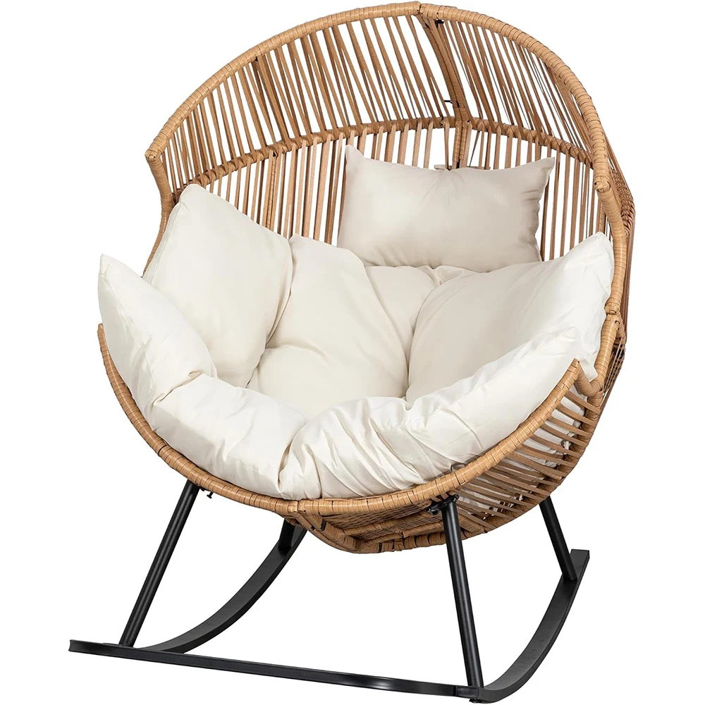 Nu-Deco Modern Egg Chair Outdoor Rocking Wicker Patio Oversized Lounger Cushion Living Room Bedroom Backyard Balcony Beige