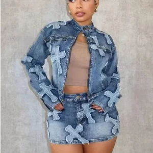 Wholesale Dropshipping Spring Long Sleeve Zipper Jacket and Mini Skirt Set Sweet Sexy Outfits 2 Piece Denim Sets Womens Outfits