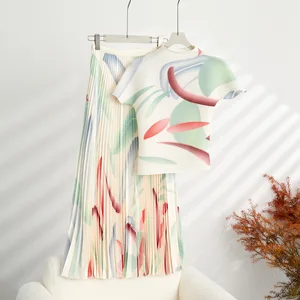 Fashion Women Pleated Shirt Short Sleeve High Collar Summer Pleated Skirt Casual Style Set Skirt 2-Piece Set