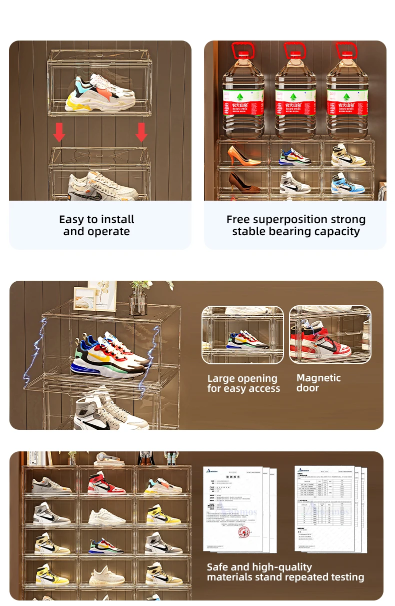 Wannuo Clear Shoe Storage Box Stackable Side Opening Door Shoe Case Plastic PET Transparent Shoe Box With Magnet details