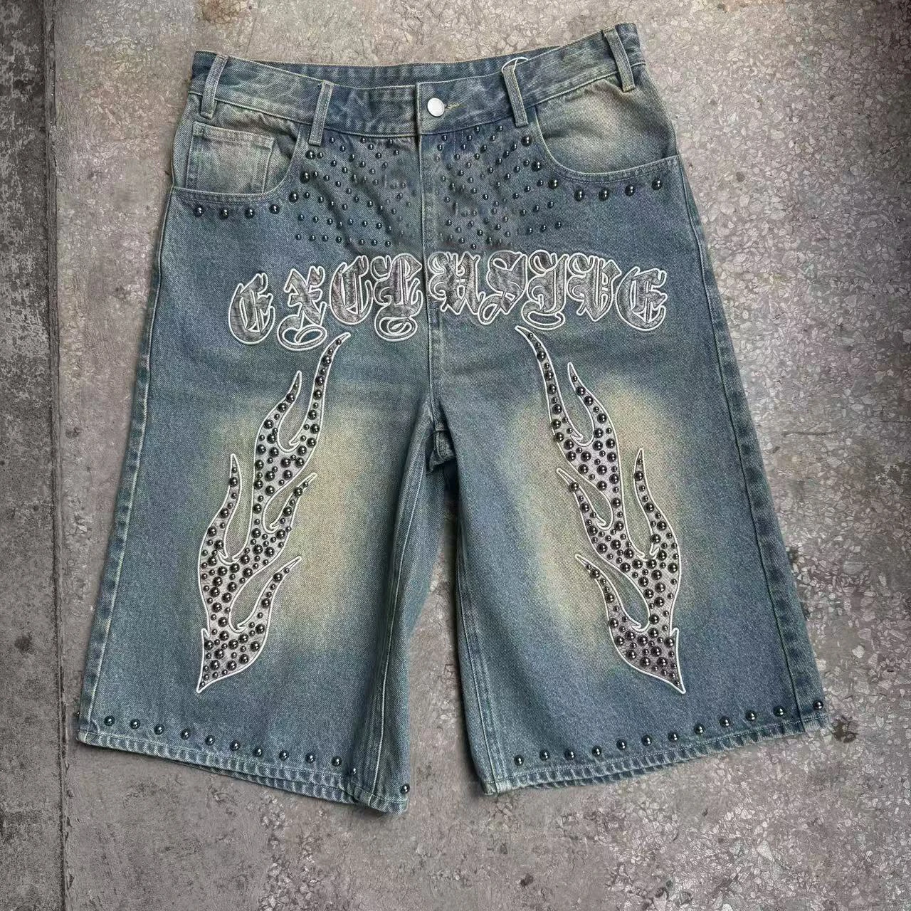 High Heavy Quality Jorts Rhinestones Distressed Summer Streetwear Denim Shorts for Men Custom Men's Baggy Denim Shorts gallery 3