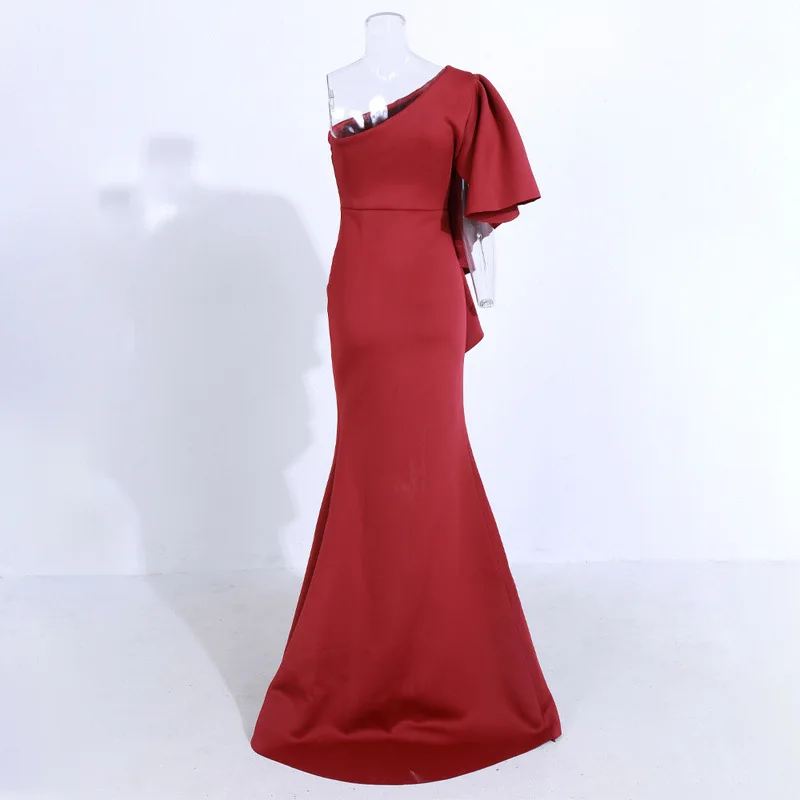 Red Evening Ball Gown Women's New Summer Natural Waistline Anti-Static  Irregular Ruffled Floor-Length Dress