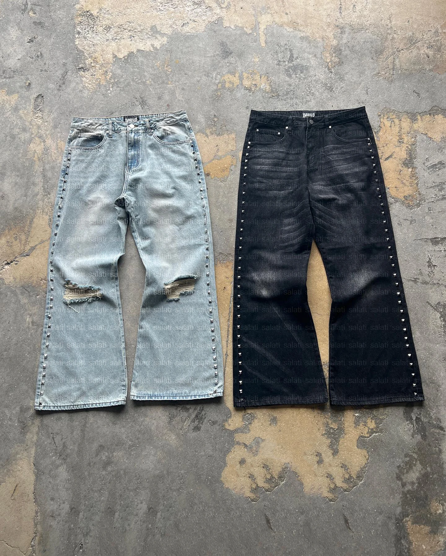 Jeans Manufacturer Stainless Steel Studded Cotton High Waist Selvedge Vintage Distressed Baggy Denim Pants Flared Jeans for Men gallery 7