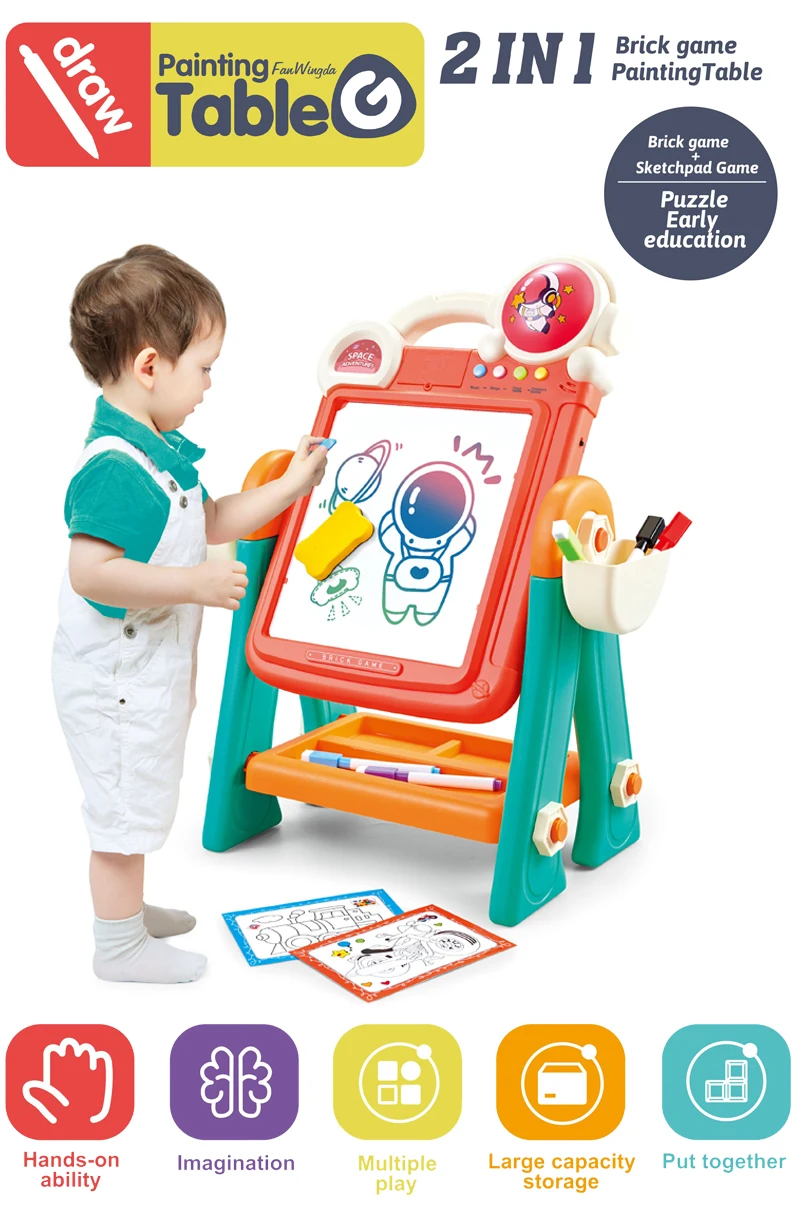 2 IN 1 Double Side Educational Brick Game Toy Painting Table Kids DIY Magic Drawing Board