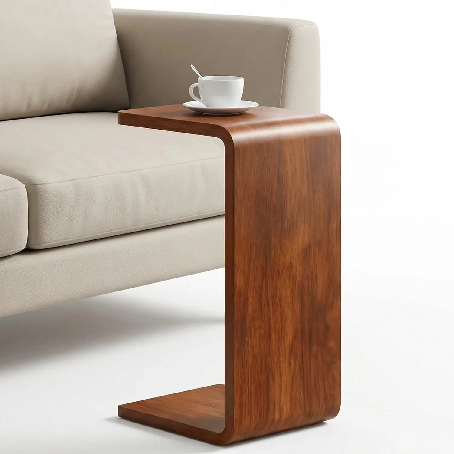 product walnut wood c shaped end table curved slide under couch side table sofa arm snack table for small spaces bedroom living room-2