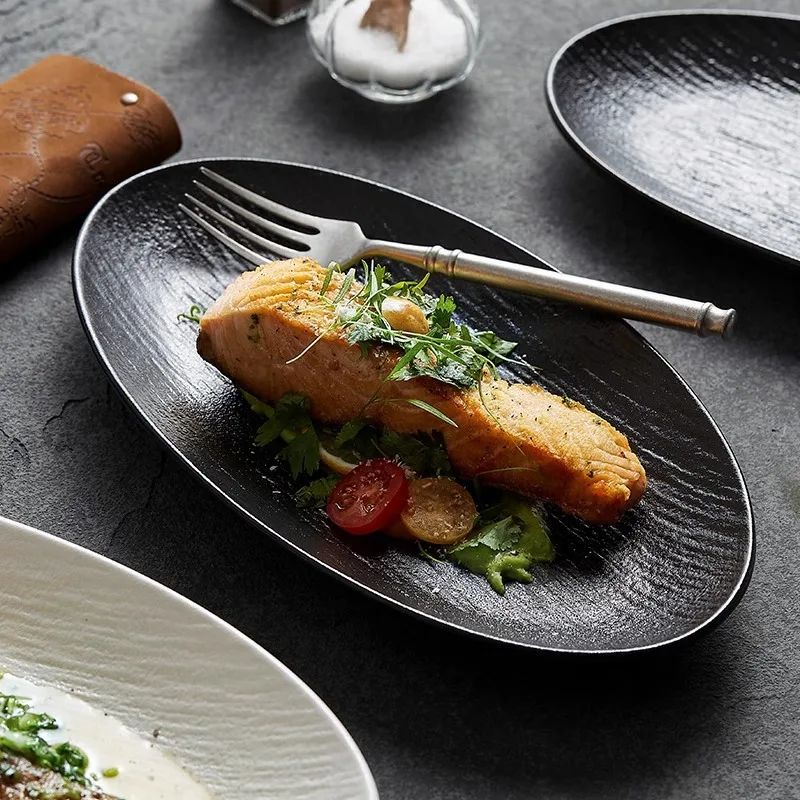 Stoneware Oval Fish Plate - Matte White & Black Ceramic