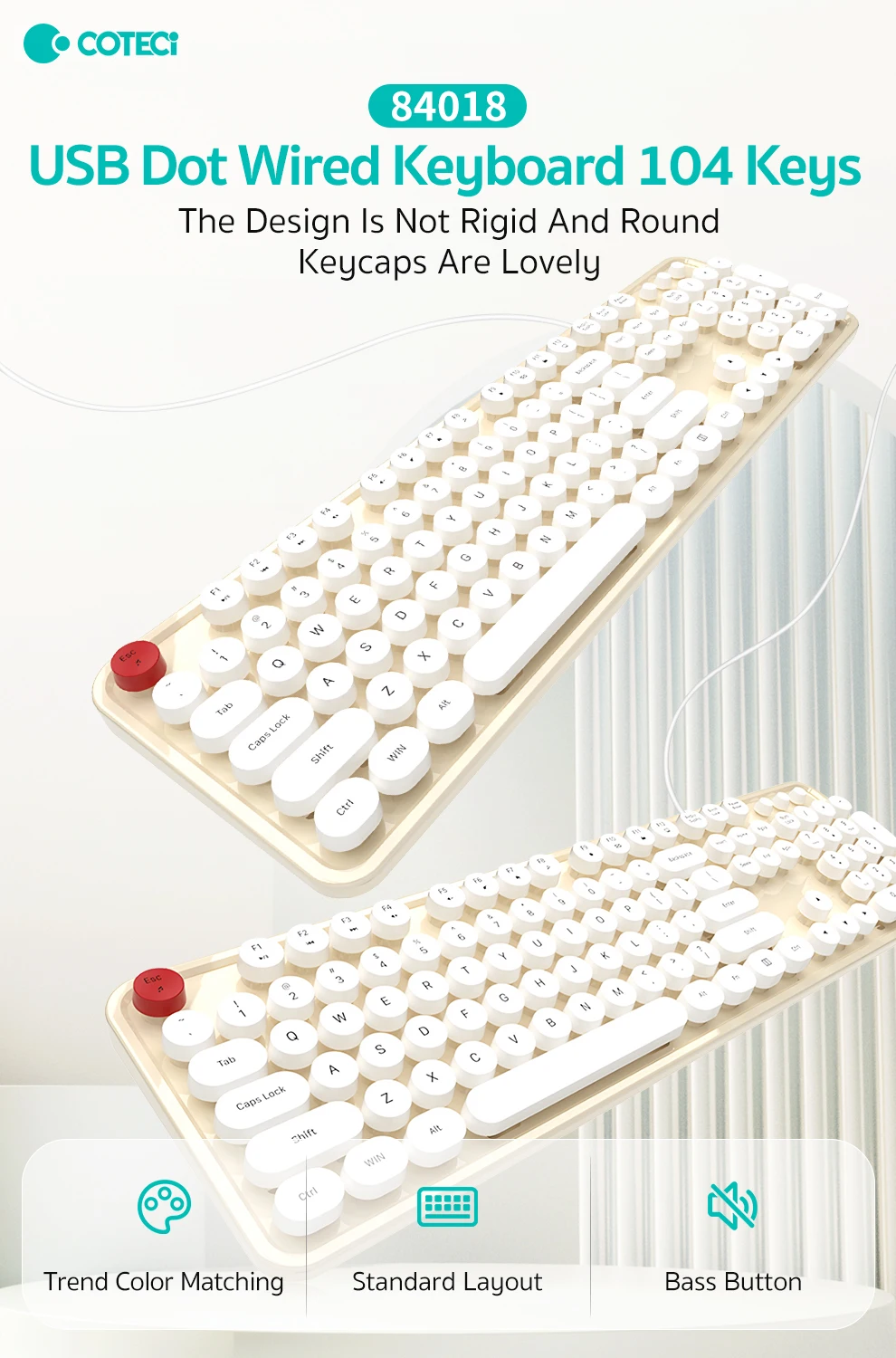 Coteci 84018 104 Keys Wired Keyboard 4 Coteci Keyboard Mouse Combination Retro Cordless Office USB Dot Wired 104 Keys Desktop Standard Dome USB 2.0 3 Keys US Layout