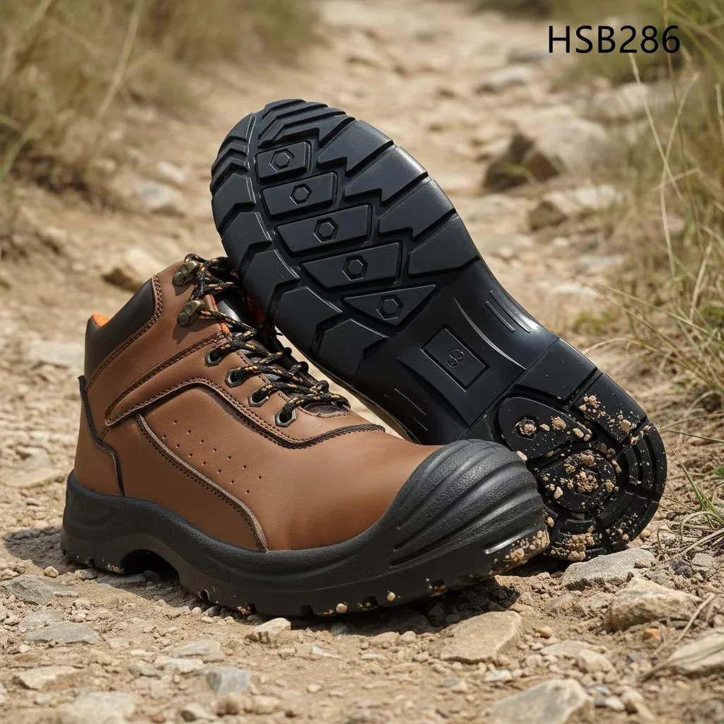 HY, Zapatos laborales marrones de corte medio, precio de fábrica y asequible, en venta; botas de seguridad de PVC moldeadas en una sola pieza, resistentes al aceite, modelo HSB286