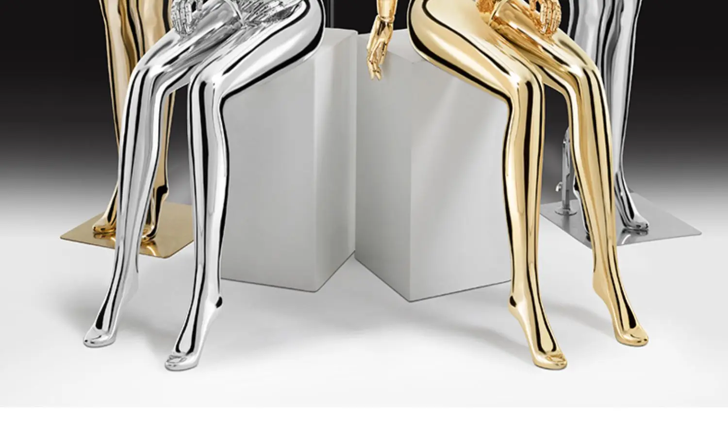 Boutique Gold Full Body Female Mannequins Chrome Sitting Display