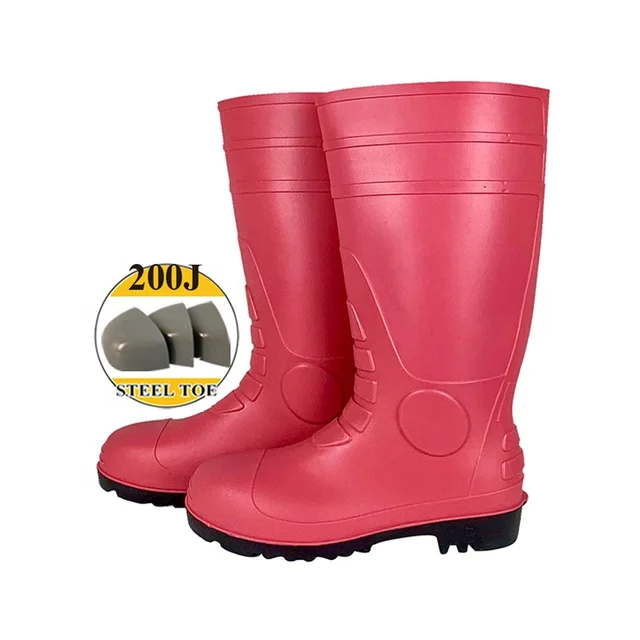 Pink Women Water Shoes Cattle Farming Agriculture Factory Price With Steel Toe Steel Midsole PVC Safety Rain Boots