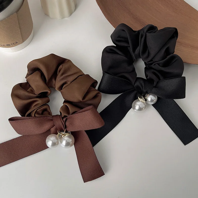 New Simple Pearl Ribbon Hair Scrunchies Korean Butterfly Knot Ties Elastic Elegant Accessories for Women Girls
