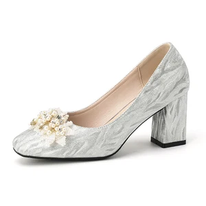 Chic Women's Silver Solid Comfortable Summer Square Toe Block Heel Pumps with Pearl & Rhinestone Floral Accent