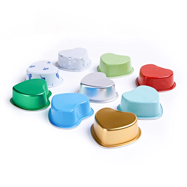 X100 Custom Colorful 100ml Smoothwall Cake Pans Disposable Food Packing Bowl Dessert Pudding Cup Heart-shaped Aluminum Foil