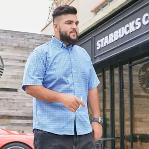 Summer 100% Cotton Plaid Stripe Shirt Plus Size Short Sleeve Men's Loose Half Sleeve Dresses for Men