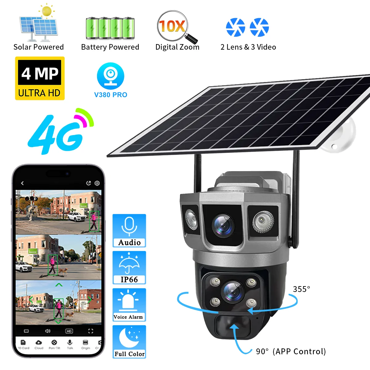 V380 Pro Dual Lens 4MP 2K Ultra HD Solar Powerd CCTV Camera Full Color ...