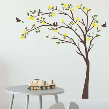Tree With Green Yellow Leaves Wallpaper Cute Birds Stickers For Room Wall Family Trees Removable Wall Mural For TV Background