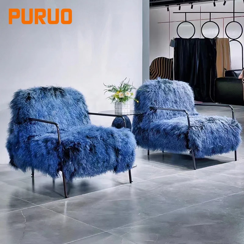 PURUO Modern Bedroom Stainless Steel Ins Style Elegant Hairy Chair Leisure  Lounge Chairs