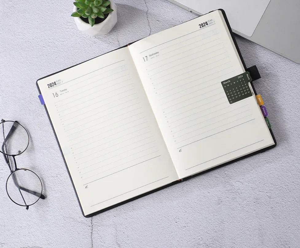 Hot Selling 2024 Agenda Book Planner Hard Cover Pen Holder English Notebook Creative  Diary Book