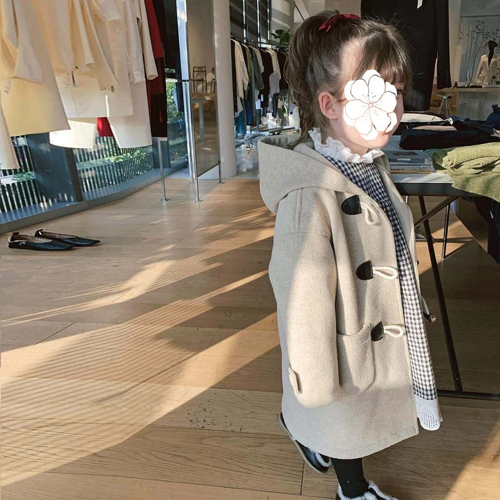 Girls Winter Hooded Solid Woolen Overcoat Fashion Warmth