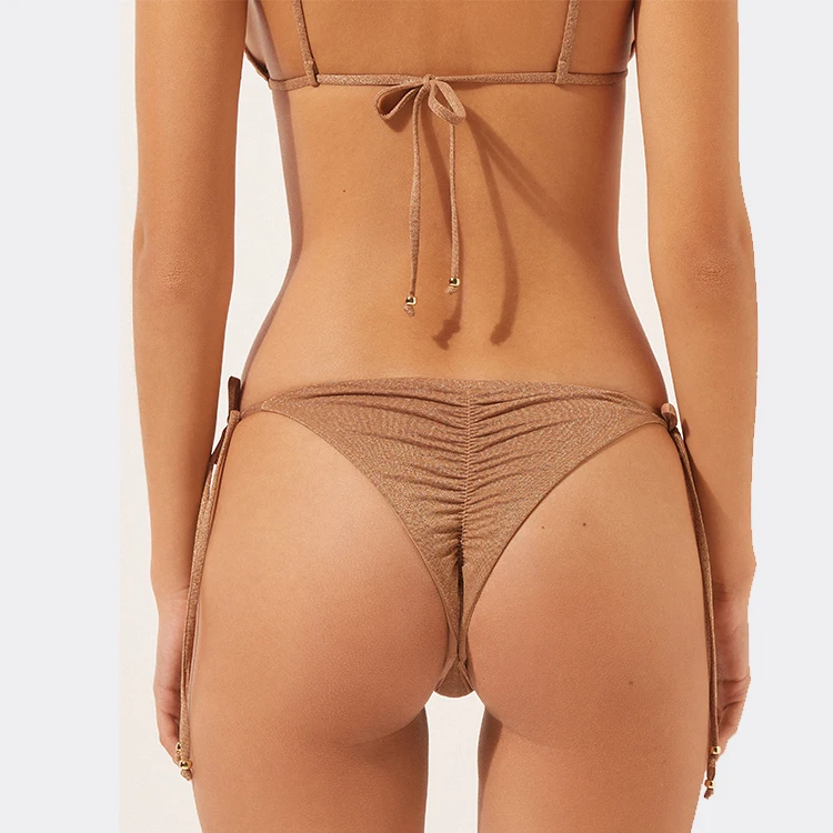 Custom Design Brazilian Cut Bikini Bottom Plus Size Fashion Shiny Fabric Side Tie Swimwear Adjustable Straps Manufacturer's