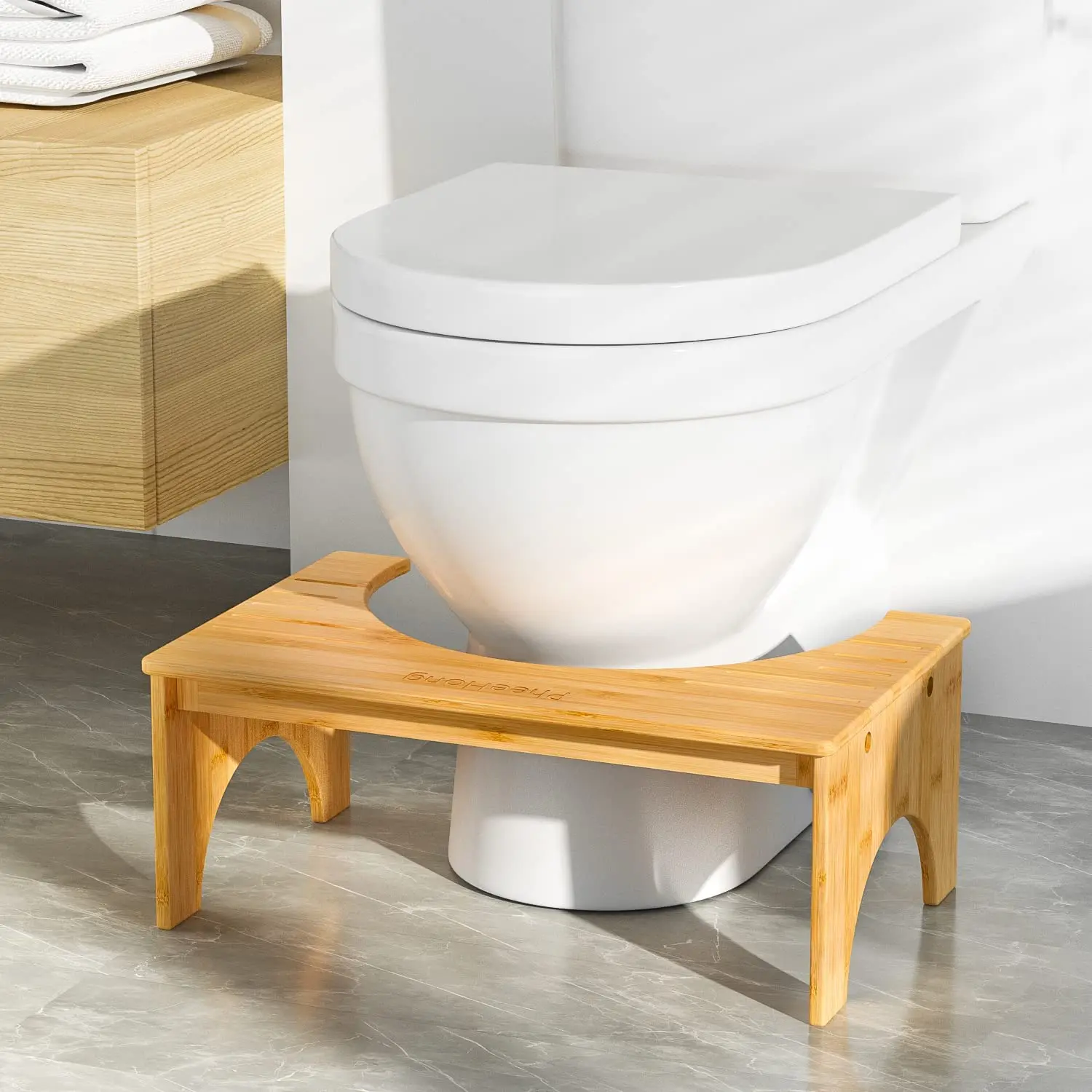 Bamboo Toilet Stool Bathroom Squat Stool Ergonomic Waterproof Footrest Fit Standard Toilet Poop Stool for Bathroom