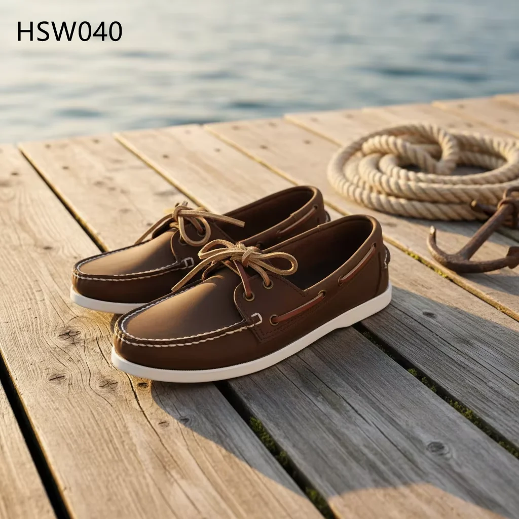 HY,Beach Walking Lace up Style Crazy Horse Leather Brown Peas Shoes Durable Rubber Outsole Handmade Brown Lazy Shoes HSW040