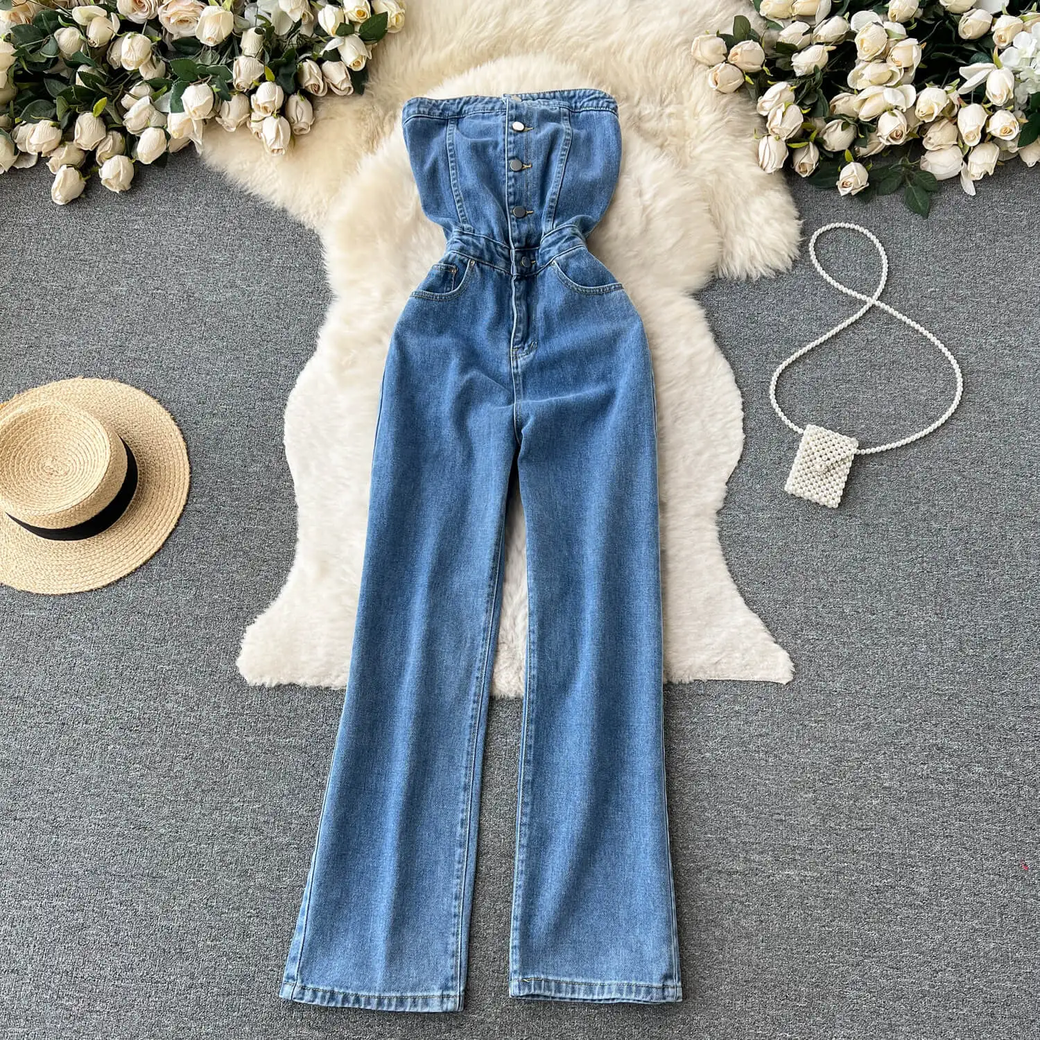 Spring Summer New Retro Sexy Single-breasted Female Denim Chest Wide ...