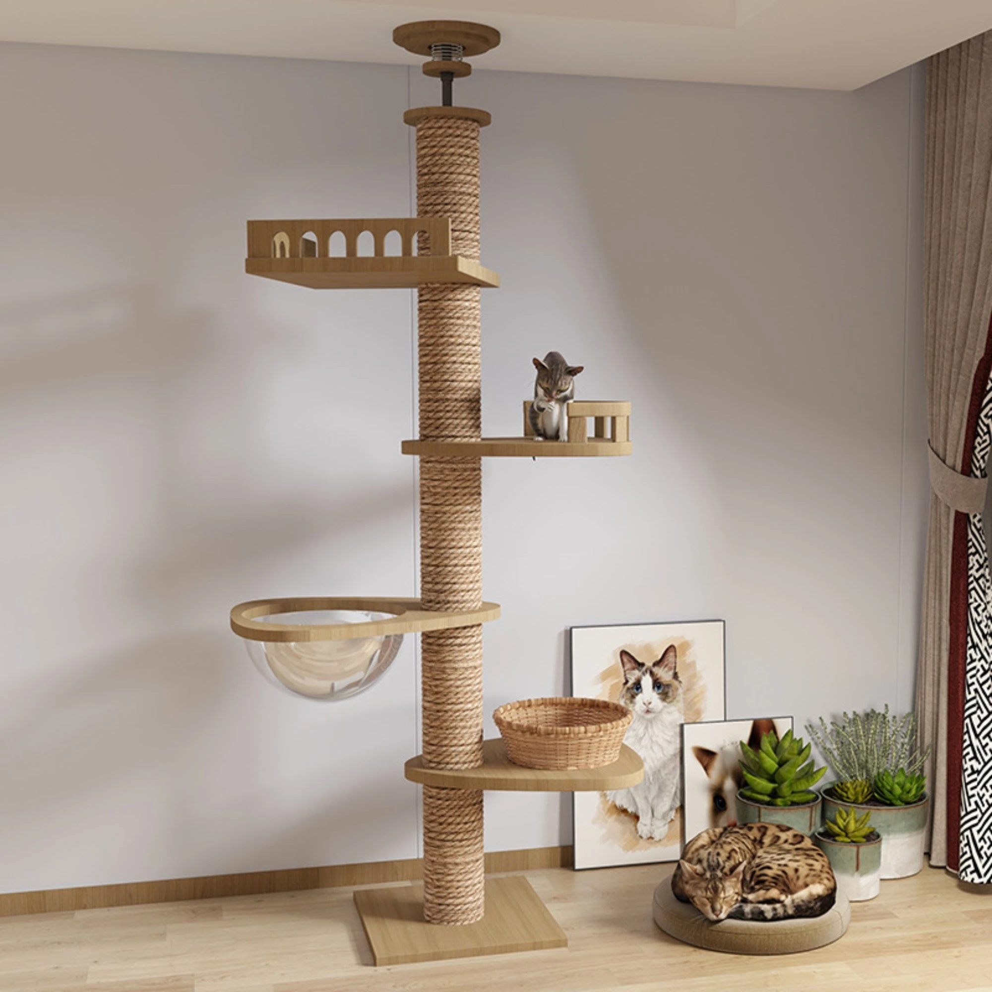 Cat Tree Floor To Ceiling 5-tier Tower Cat Climbing Wooden Frame Tree 