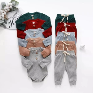 Toddler Baby Clothes Casual 100% Cotton Ribbed Rompers + Pants Set for Boys and Girls