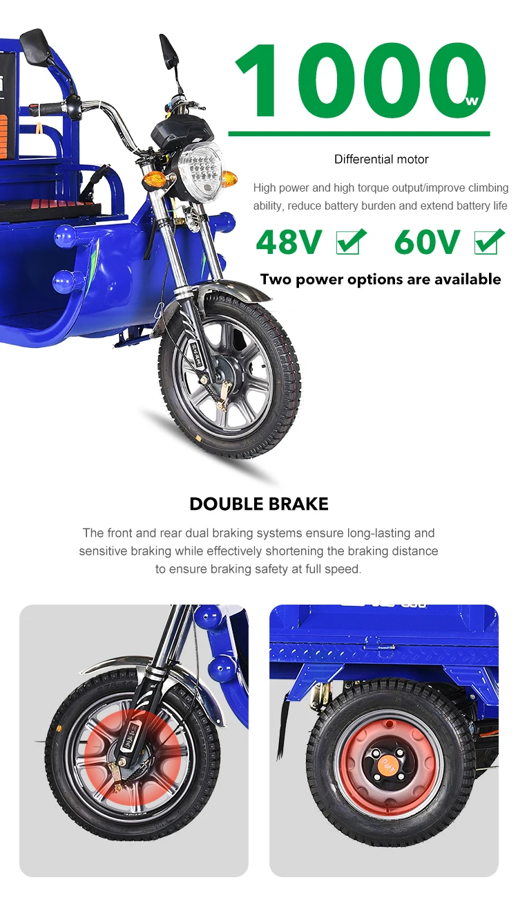 Big Battery 60v 75km Trike 800w 1000w Pedicab Open Body 3 Wheel Bike