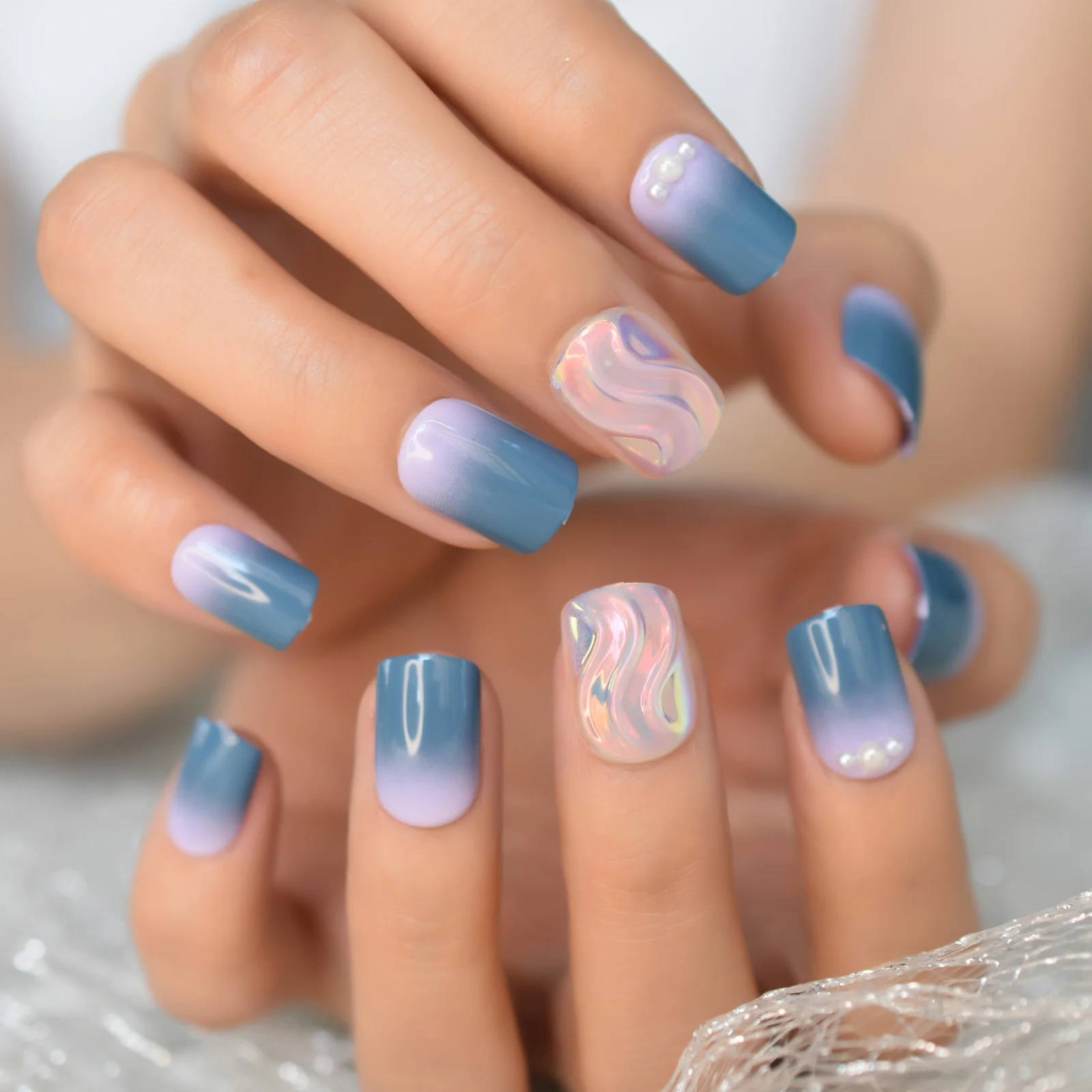 blue and white ombre acrylic nails