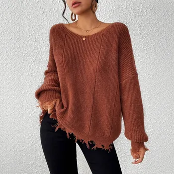 Women's Sweater Drop Shoulder Distressed Trim Casual Plain Boat Neck Pullovers Long Sleeve Sweater for Spring/Fall