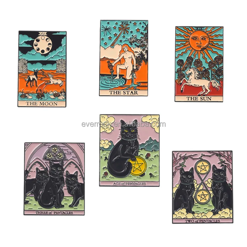 Wholesale Metal Cat Cartoon Pin Badge Tarot Card Sun Moon Star Enamel 