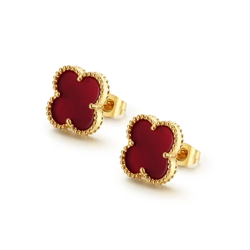Customized Wholesale brand Jewelry red Earrings Stainless Steel Clover Earring Studs woman