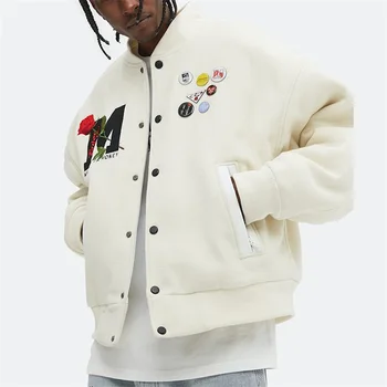 OEM custom winter 100% wool rose embroidery fleece varsity bomber letter jacket for men